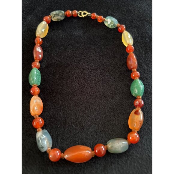 Vtg Gemstone Necklace & Bracelet Set Semi Precious Polished Beads Hand Knotted - Picture 3 of 8